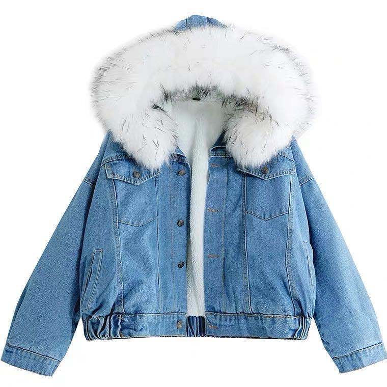 Women's Winter Short Jacket 2026 Korean Style Hooded Cotton-Padded Jacket Thickened Fleece Denim Jacket Women's Winter Thick Cotton Coat