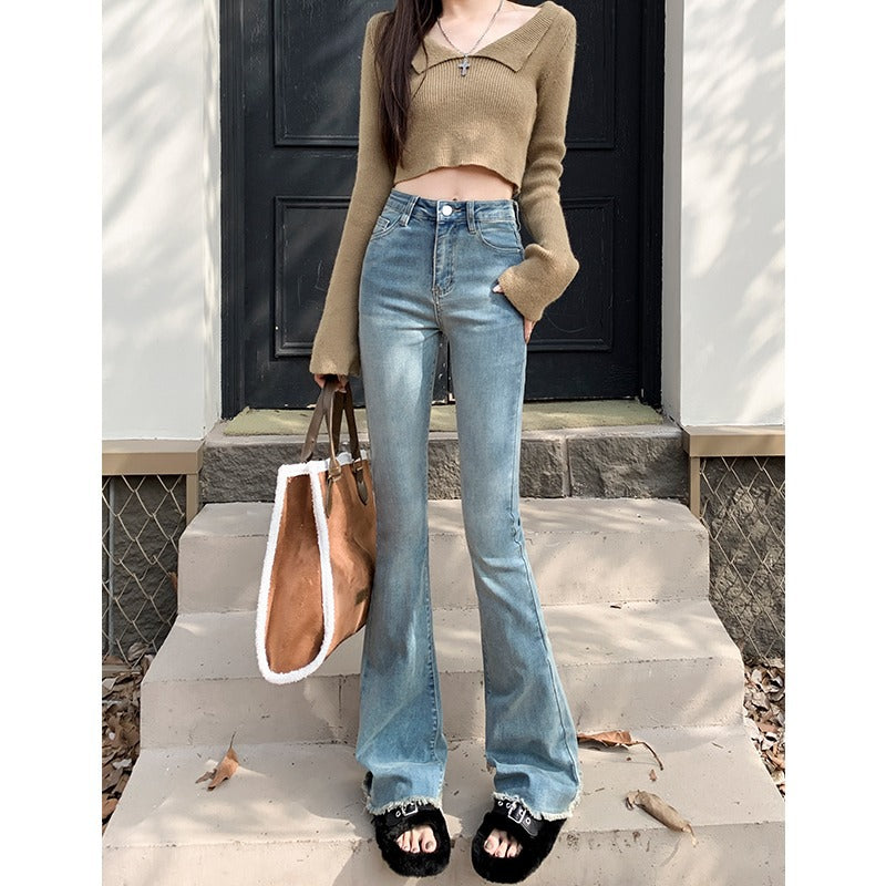 Raw Hem Pear-Shaped Body Shape Flared Jeans for Women, Spring and Autumn Design, 2025 New High-Waisted Slimming Raw Hem Bootcut Pants