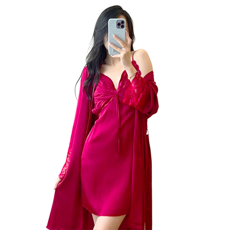 Pajamas Women's Summer Ice Silk Pure Sexy Lace Sling Nightgown Nightgown with Chest Pad Thin Home Clothes Two-piece Set