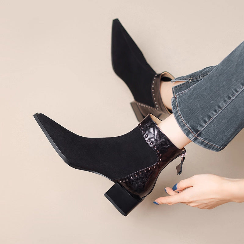 French High-End Medium Thick Heel Short Boots for Women 2025 Winter Rear Zipper Rivet Fashion Boots Slim Boots Elegant Elastic Boots