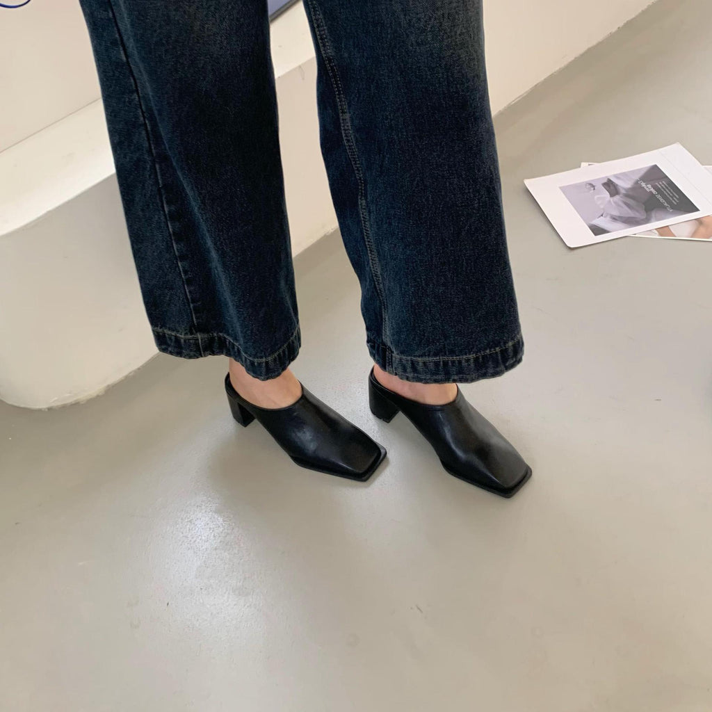 Niche Design Simple Slippers Korean Style Ladies High Heels 2025 Spring and Autumn New Distinctive Square Toe Fashion Single Shoes