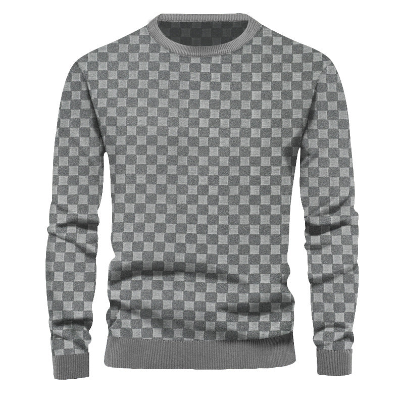 Cross-Border Men's Autumn and Winter Heavy Jacquard Checkerboard European and American Round Neck Casual Bottoming Shirt Men's Knitted Long-Sleeved Sweatshirt Men