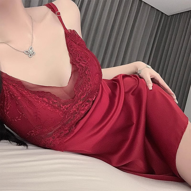 Sexy Pajamas for Women Pure Lust Style 2025 Spring and Summer New Mesh Lace with Breast Pad Suspender Nightgown Nightgown Set