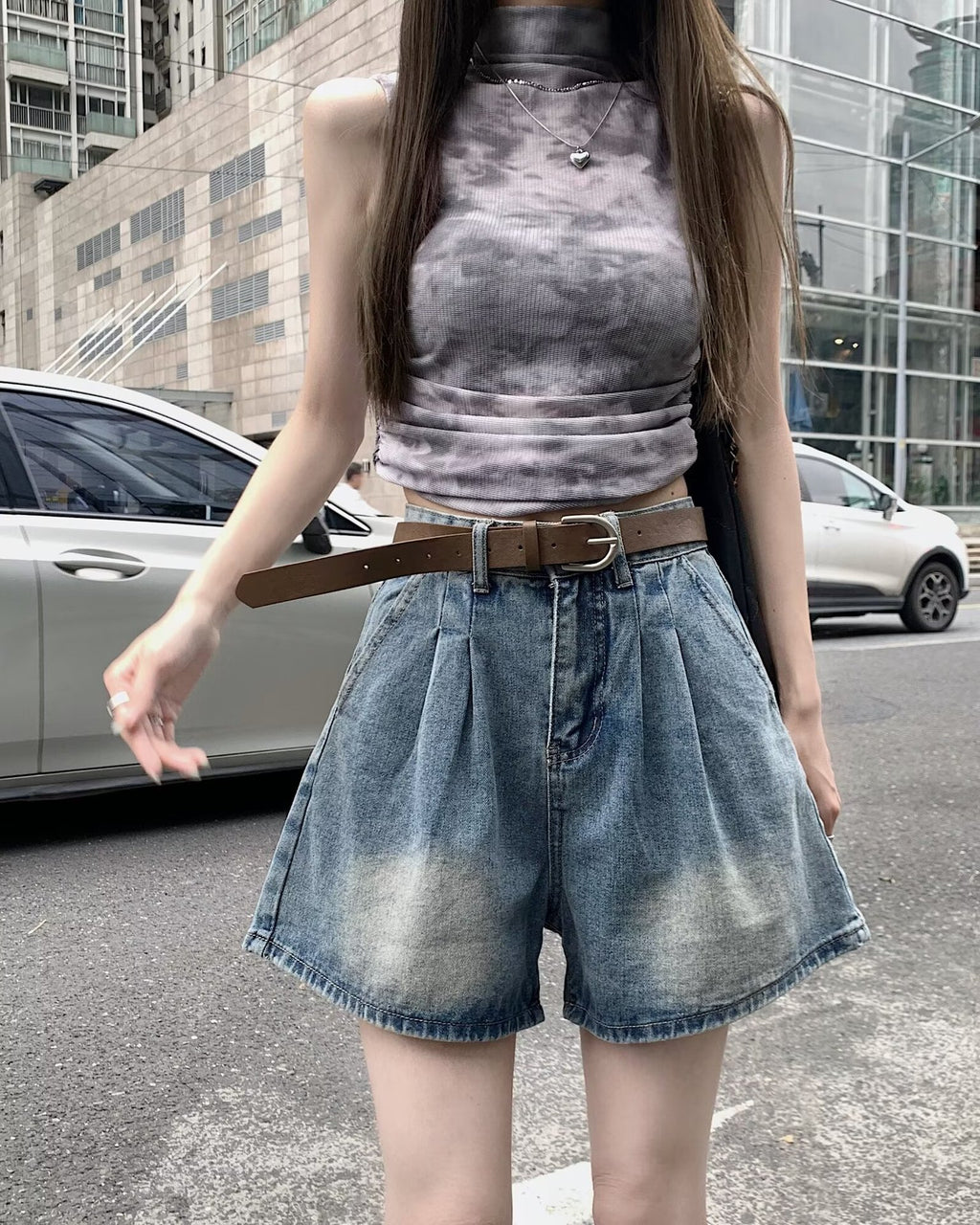 Design Sense Pleated High Waist Jeans Women's Summer American Style New Slim A- Word Retro Loose Wide-Leg Shorts for Women