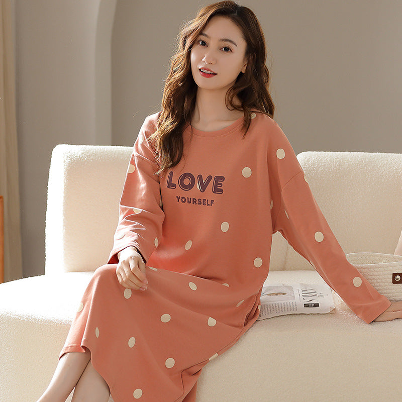 Women's Nightgown Spring and Autumn Long-Sleeve Plus Size 100kg Mid-Length Dress Can Be Worn Outside Women's Sleepwear Dropshipping