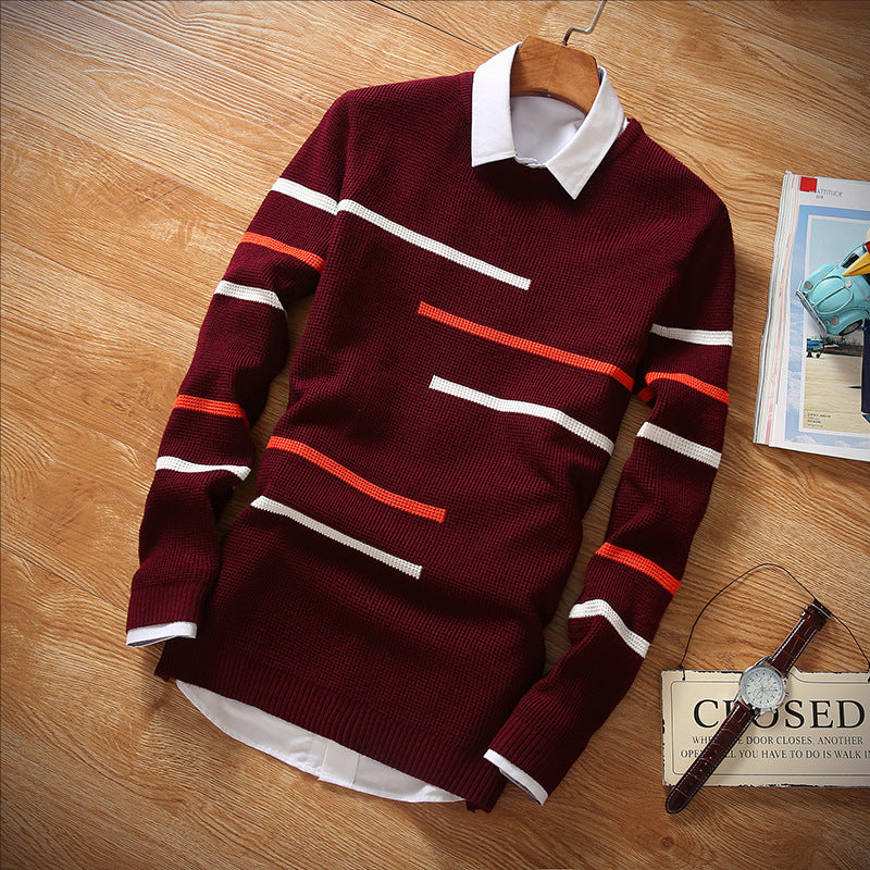 Men's Crewneck Sweater Cross-border Amazon Youth Slim-fit Casual Striped Jacquard Base Shirt Pullover Knitted Sweater