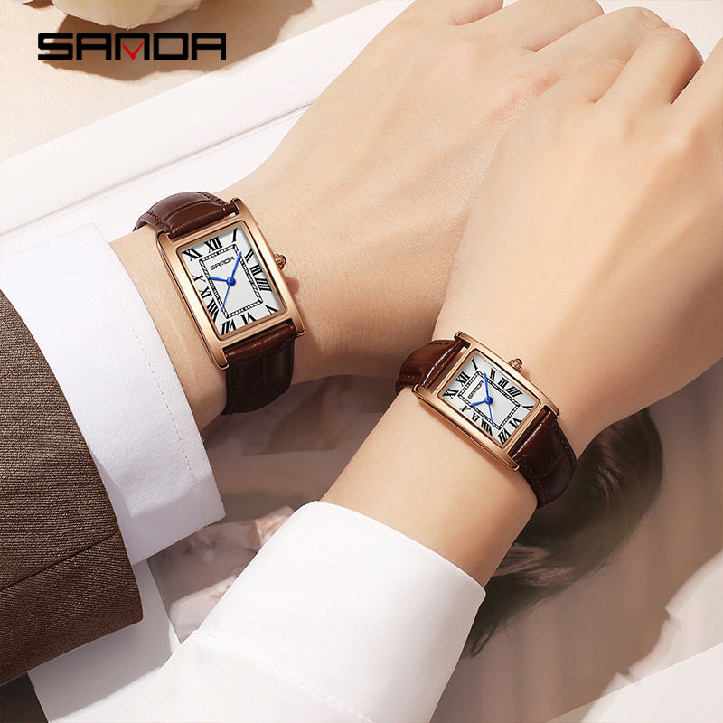 Sanda Live Hot Couple Watch Vintage Square Quartz Watch Waterproof Roman Scale Men's and Women's Watches