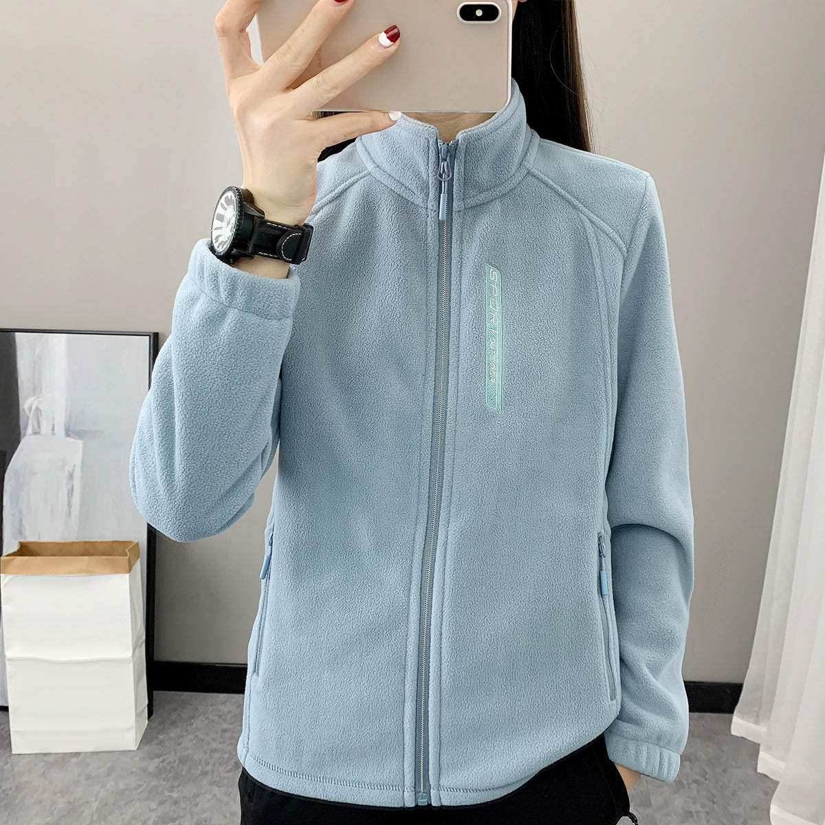 Spring and Autumn Fleece Clothes Women's Outdoor Warm Breathable Cardigan Vertical Collar Slimming Polar Fleece Jacket for Men's Climbing Cross-border Special