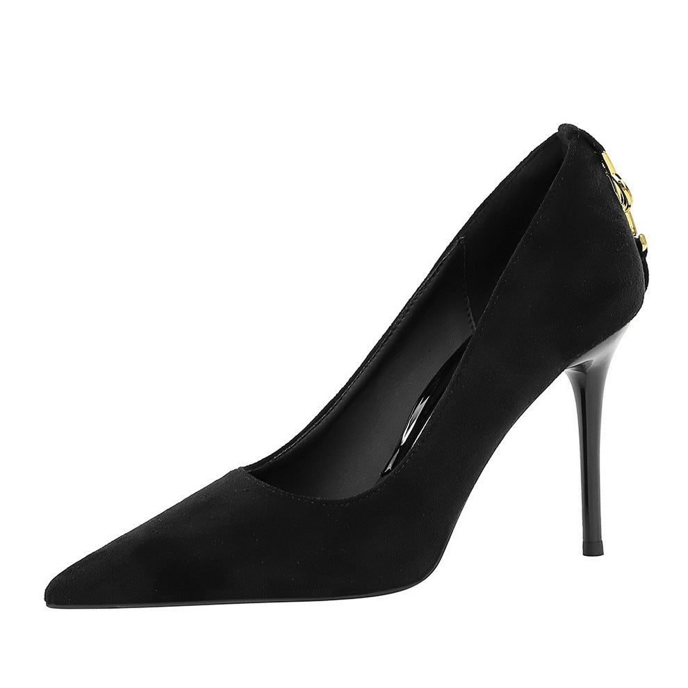 3368-2 High Heels Women's Stiletto Versatile Suede Daily Work Clothing Professional Work Shoes Elegant Pointed Toe Flats Black
