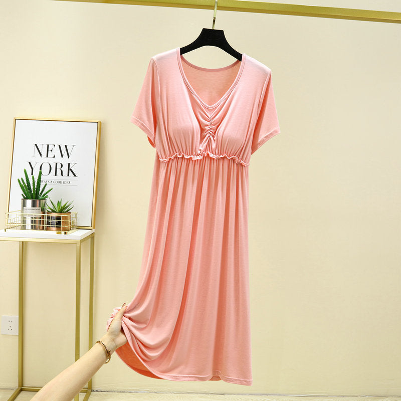 Women's Summer Thin Non-Bra Pajamas with Chest Pad Modal Loose Large Size Short Sleeve V-neck Home Dress