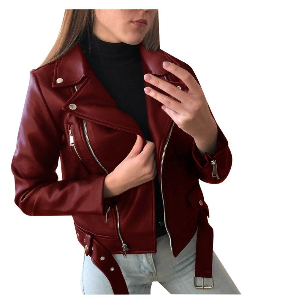 Cross-border 2023 New European and American Motorcycle Leather Jacket Autumn and Winter Women's Leather Clothing Women's Short Slim-fit Leather Fashion Jacket