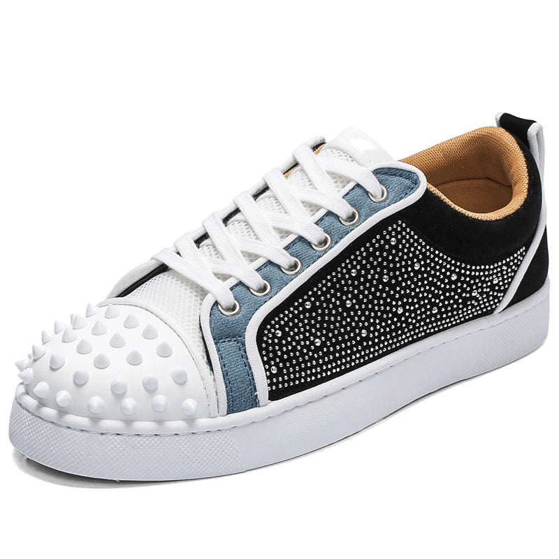Men's Cl Red-Soled Casual Shoes with Cross-Border Rivets and Rhinestones, Nightclub Internet Celebrity Men's Shoes, Color-Blocking Hip-Hop Sneakers