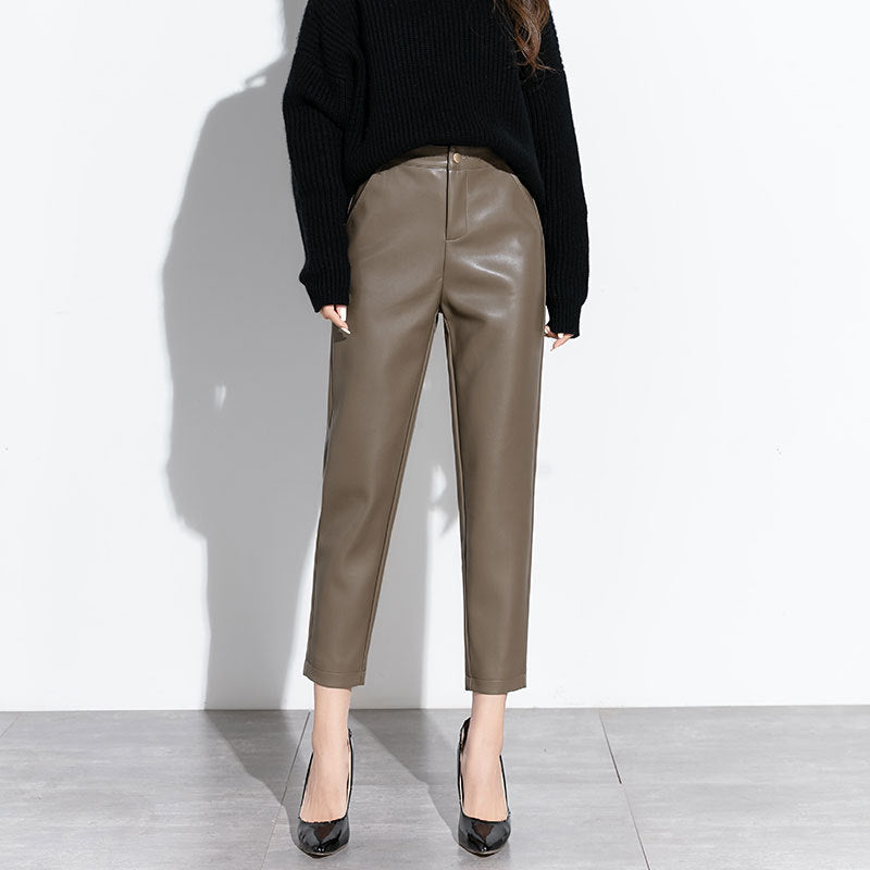 Genuine Leather Pants for Women 2025 Autumn and Winter High-Waisted Straight Casual Slimming Look Harem Pants Goatskin Nine-Point Cigarette Pants for Women