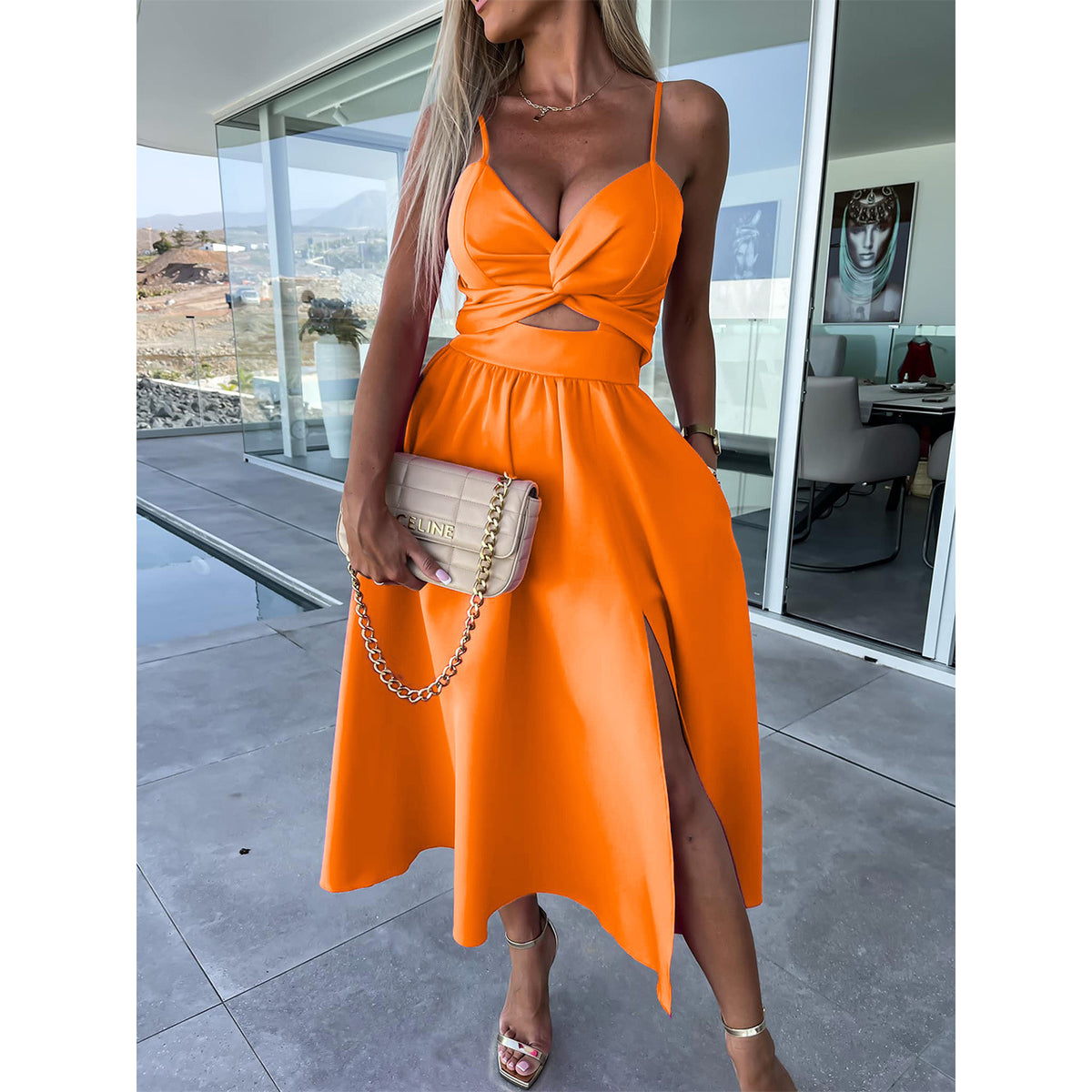 suspenders V-neck large pendulum dress slim-fit backless mid-length dress
