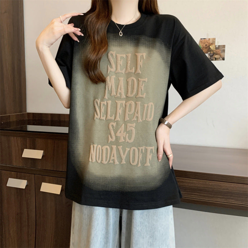 New Women's Clothing Retro Pure Cotton Short-sleeved T-shirt Women's Loose Slim-fit Printed Foam Fashion Brand Top for Men and Women Same Style for Summer