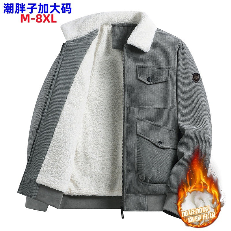 Winter Plus Size Men's New Corduroy Lambskin Cotton-padded Coat Warm Overalls Lapel Cotton-padded Coat Young and Middle-aged Jacket