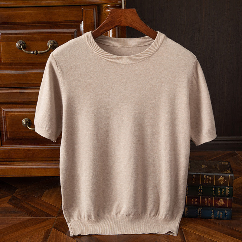 Men's Knitted Short-sleeved Korean Trendy Round Neck Half Sleeve Spring and Autumn Men's Slim-fit Solid Color Short-sleeved Sweater