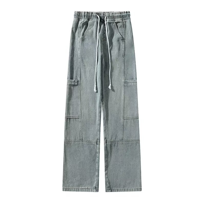 Workwear Jeans Male Teenagers Spring and Autumn Big Pocket Junior Senior high school Students American Casual Elasto Waist Long Pants