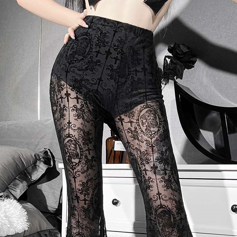 150kg Plus Size Women's Black Lace Sexy Dance Bell Bottoms Mesh Sexy Transparent Pants Heels Dance Clothes
