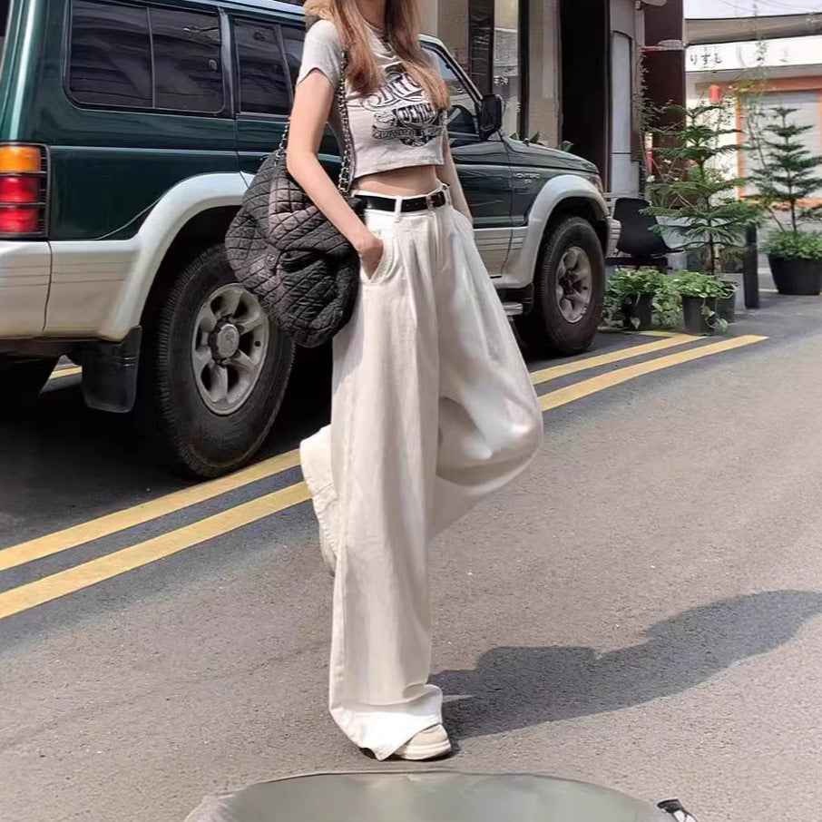 White Wide-Leg Jeans for Women, Summer Thin Fashion Slimming Loose Casual Pleated Drape Versatile Floor-Length Pants