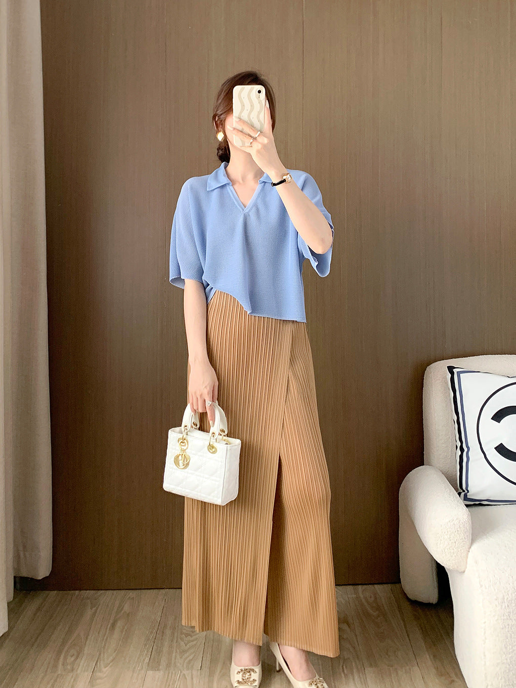 Short-Sleeved T-Shirt for Women Summer New Loose Slimming Look High-Waisted Versatile Polo Shirt T-Shirt Pleated Top Women's Large Size