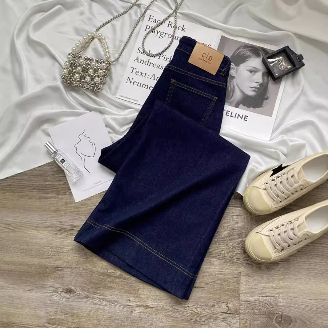 Denim Blue Straight-Leg Jeans for Women, Spring and Autumn 2025 New Style, High-Waisted Design, Slimming, Loose Wide-Leg Pants