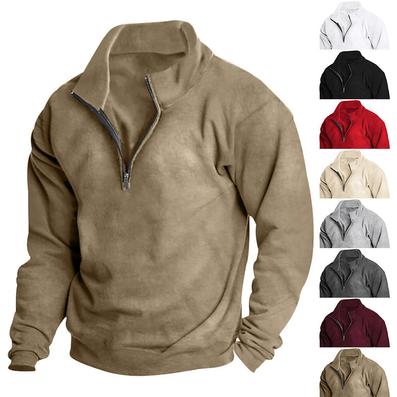 Autumn and Winter new men's fleece-lined sweater stand collar half zipper long sleeve European size cross-border Amazon all-matching men's top