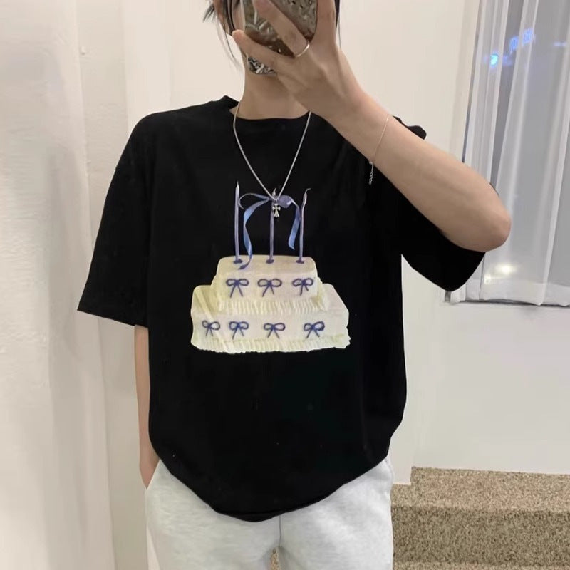 American Retro White Short-Sleeved T-Shirt for Women New Design Niche Summer Loose Cotton Top White T-Shirt