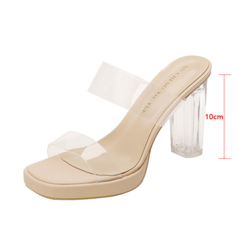 Real sheepskin transparent high heel girls shoes 2025 new waterproof platform with crystal heel thick heel sandals