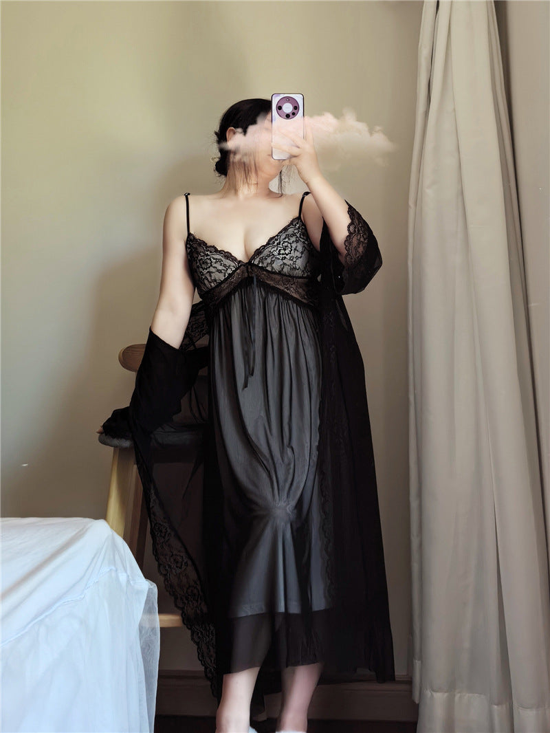 1510 Summer chubby girl plus size Pajamas Women 200 Jin Sexy Lace V-Neck Sling with Chest Pad Two-Piece Long Nightgown
