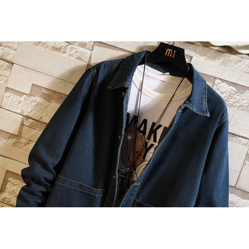 Foreign Trade Cross-Border Plus-Size Men's Denim Jacket Mid-Length Trench Coat Men's Clothing Spring and Autumn Fashion Casual Top Amazon