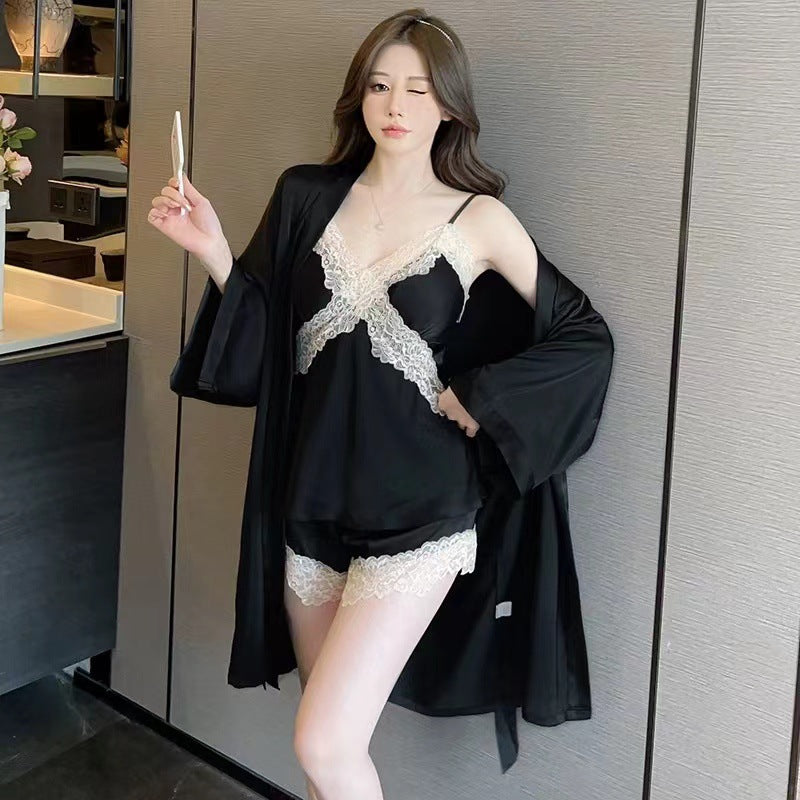 Sexy Pajamas for Women Spring and Summer New Satin Ice Silk Suspender Nightgown Nightgown Shorts Three-Piece Set with Chest Pad Home Clothes