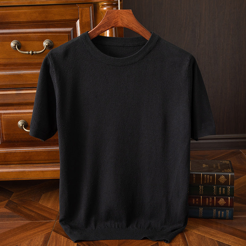 Men's Knitted Short-sleeved Korean Trendy Round Neck Half Sleeve Spring and Autumn Men's Slim-fit Solid Color Short-sleeved Sweater