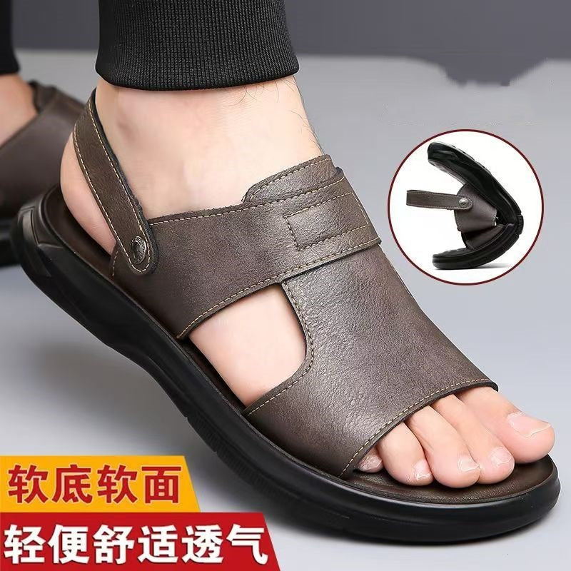Dad Men's Sandals Summer Genuine Leather Soft-soled Non-slip Beach Shoes 2025 New Casual Fashionable Outwear Sandals