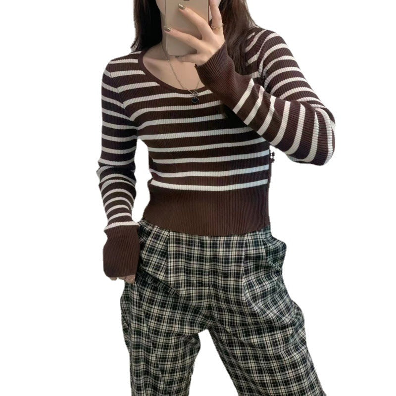American Style Retro Fashionable Small Waist Sweater Elegant U-Neck Striped Long-Sleeved Slim-Fit Bottoming Sweater for Women