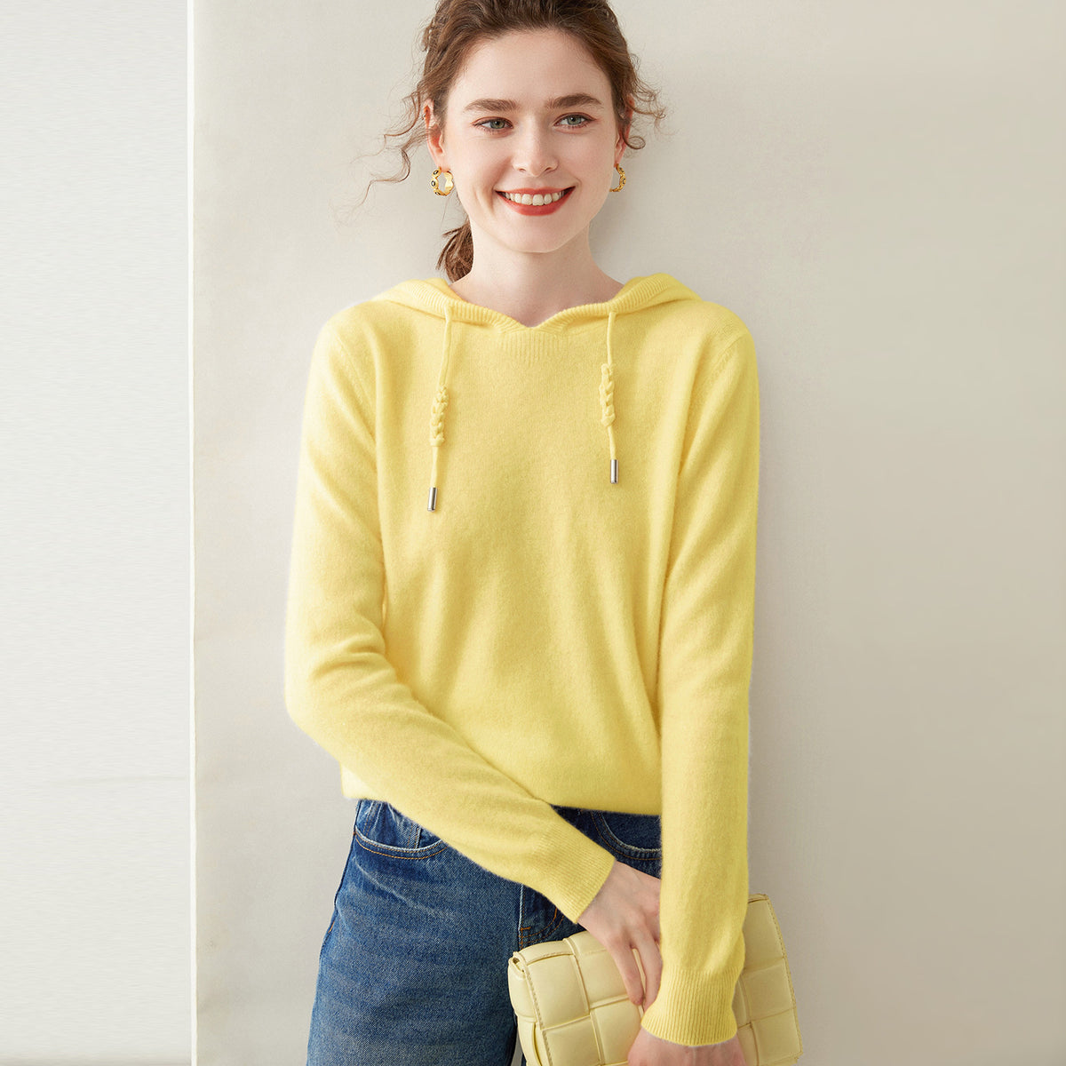 Light Luxury Solid Color 100% Pure Cashmere Hoodie for Women, Versatile for Commuting, Loose Knit Base Hoodie, Loose Fit