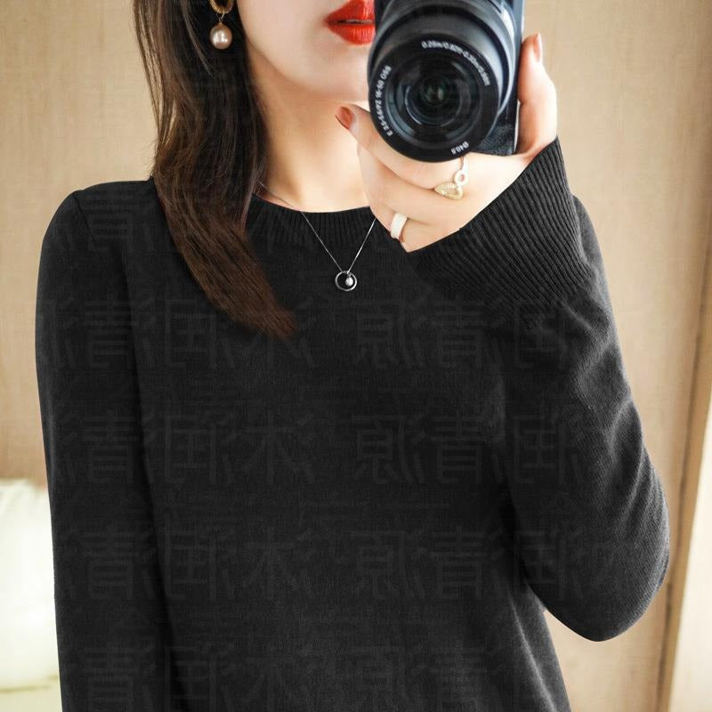 Autumn and Winter New Round Neck Sweater Women's Pullover Sweater Solid Color Long Sleeve Women's Thin Inner Short Base Shirt for Women