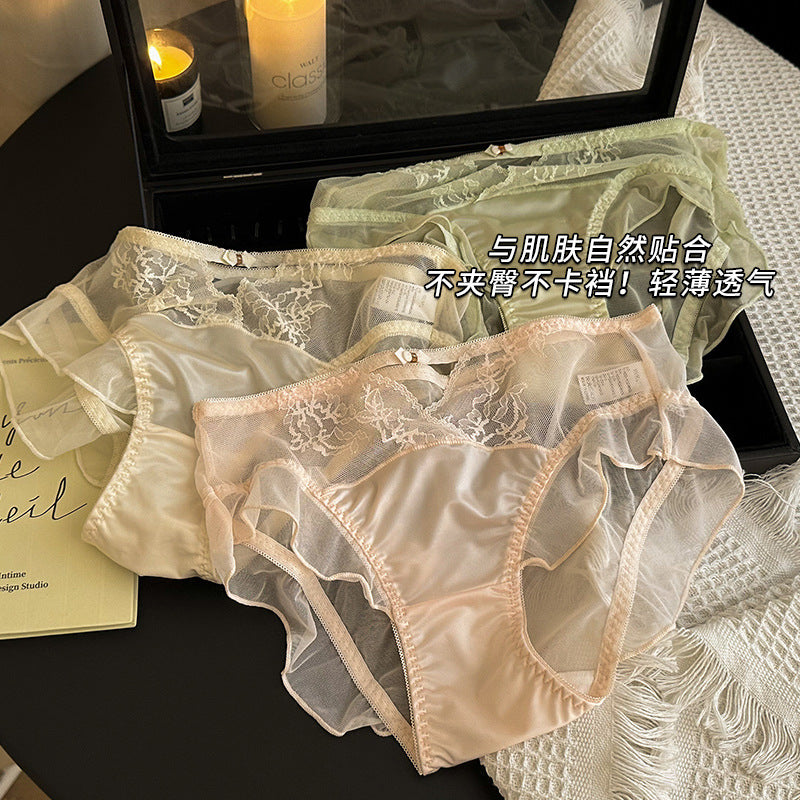 Sexy Hollow Mesh Underwear Women's Mid-Waist Sexy Lace Less Ladies Underwear Mulberry Silk Bottom Crotch Comfortable Briefs