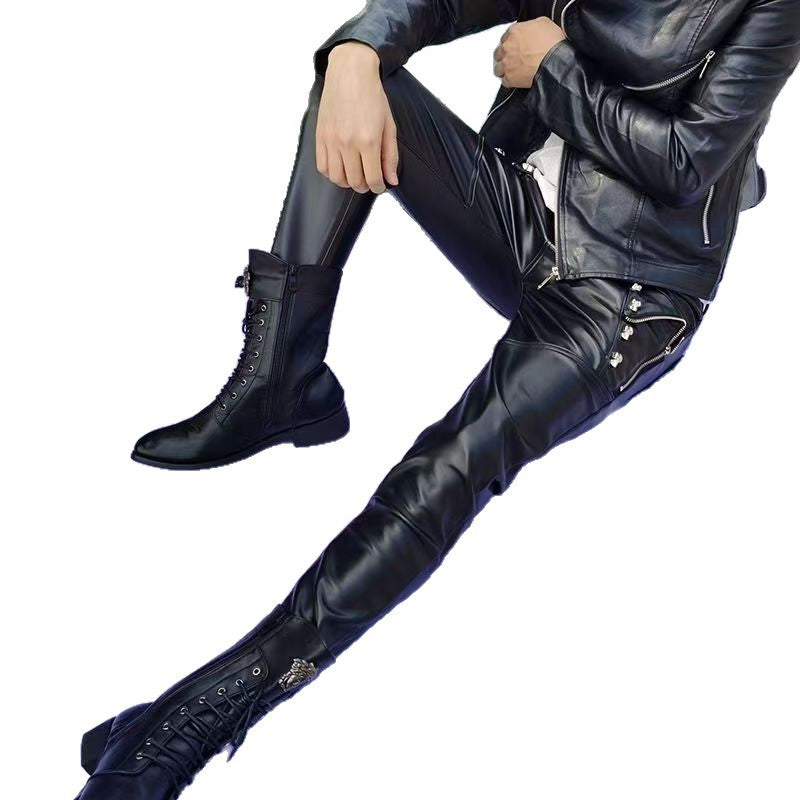 Men's Leather Pants Slim Fit Korean Style Youth Biker Leather Pants Skinny Pants Leather Pants Cross-Border Popular Version