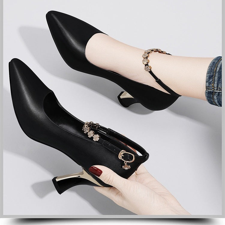 European and American Fashion Sexy Diamond-Encrusted One-Line Buckle High Heels Shallow Mouth Pointed Toe Nightclub Slimming High Heels Women's Shoes Single Shoes Wholesale