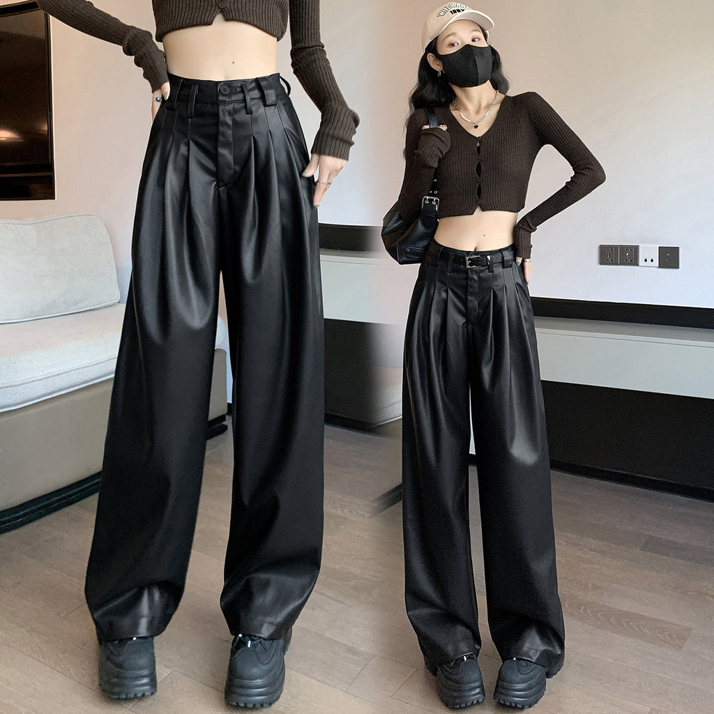 Real shot# leather pants for women 2023 New straight slimming casual pants PU leather personality loose wide leg pants autumn and winter