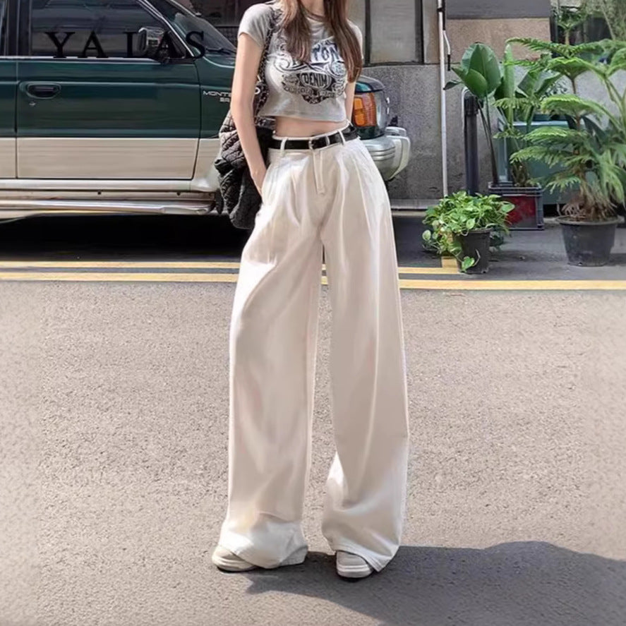 White Wide-Leg Jeans for Women, Summer Thin Fashion Slimming Loose Casual Pleated Drape Versatile Floor-Length Pants