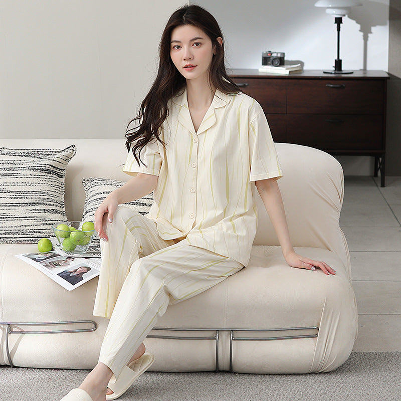 2026 New Women's Summer Pajamas, Cotton Short-Sleeve Long Pants, High-End Cardigan Loungewear Set for Women, Suitable for Wearing Outside
