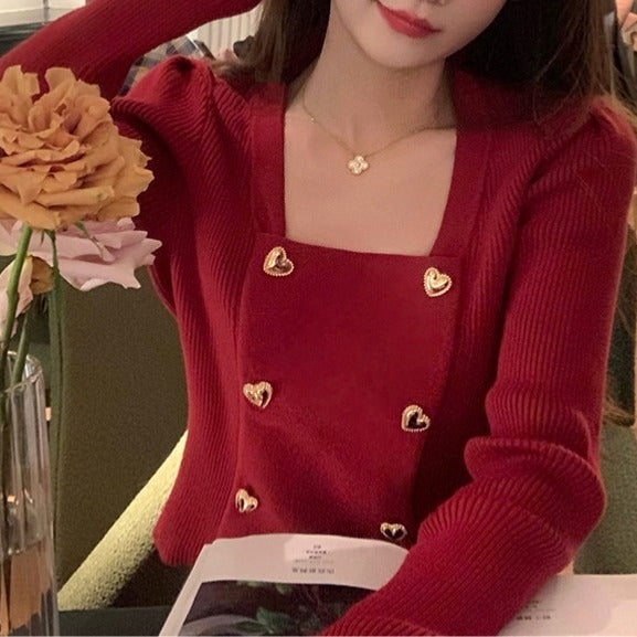 Design red bottoming sweater undershirt for women 2023 early spring new top square collar sweater slimming