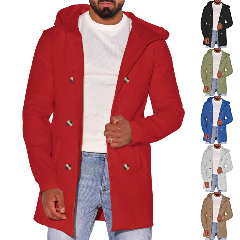 Independent Station Hot Selling 2024 Amazon Men's Hooded Double-breasted Casual Coat Woolen Coat Men's Coat Spring and Autumn