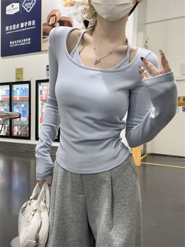 Pure Desire Gentle Style Long Sleeve T-Shirt for Women 2025 Autumn/Winter Halter Neck Fake Two-Piece Design Ruched Short Top