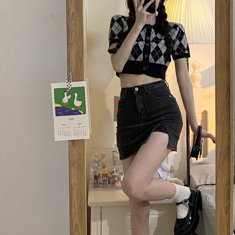American Hot Girl Summer New Korean Style Slimming Look A-Line Skirt Trendy Anti-Exposure Slit Black Denim Skirt for Women
