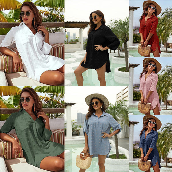 2024 Jacquard Loose Casual Blouse with Irregular Mid-Length Sleeves Women's V-Neck Loose Fit Shirt