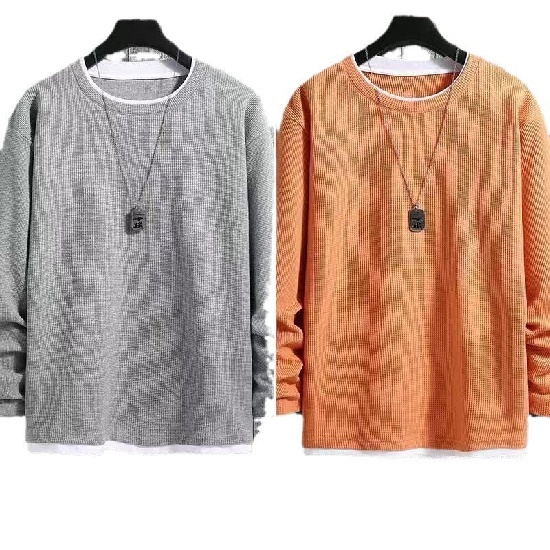 Waffles Sweaters Men's Long-sleeved Spring and Autumn Fake Two-piece Loose All-match Casual Round Neck Base Autumn Men's Top
