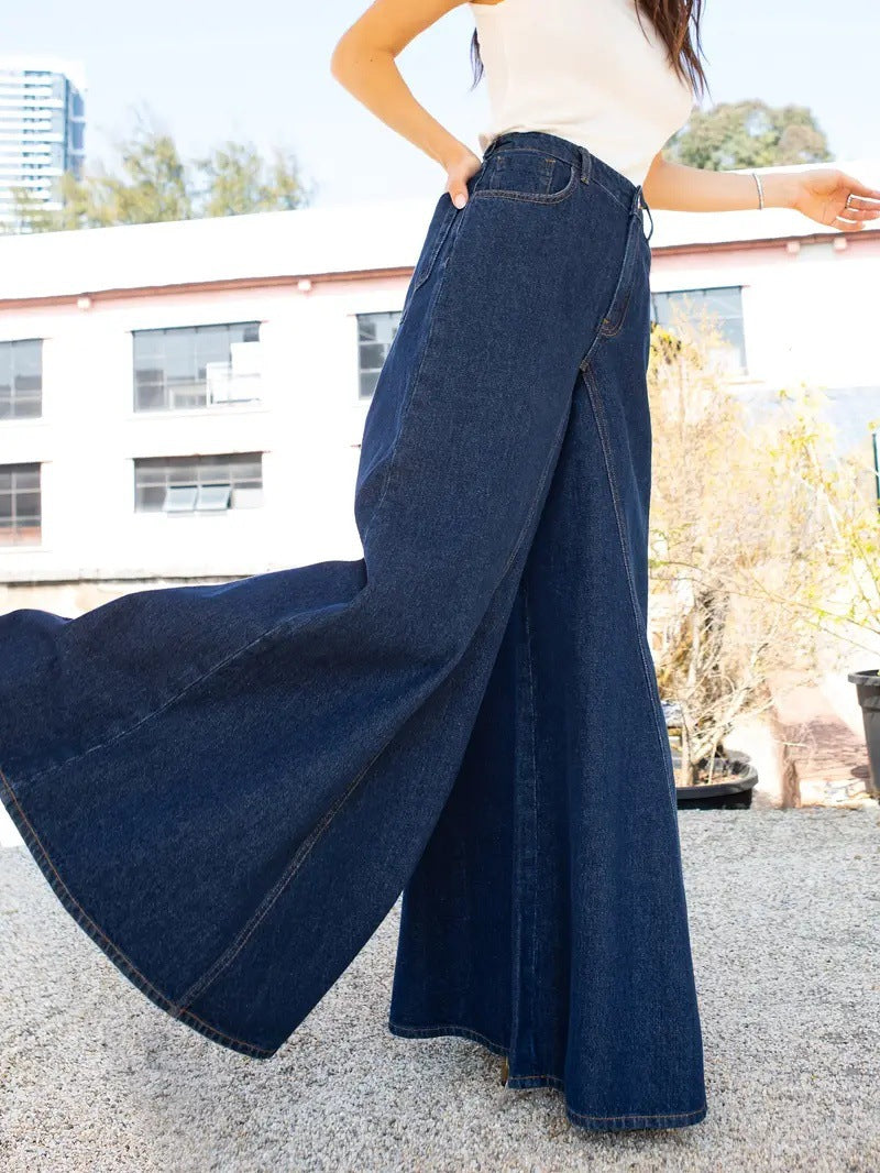 Label Women's Elegant and Simple Wide-Leg Jeans Stretch Jeans Washed Denim 2025 New Jeans